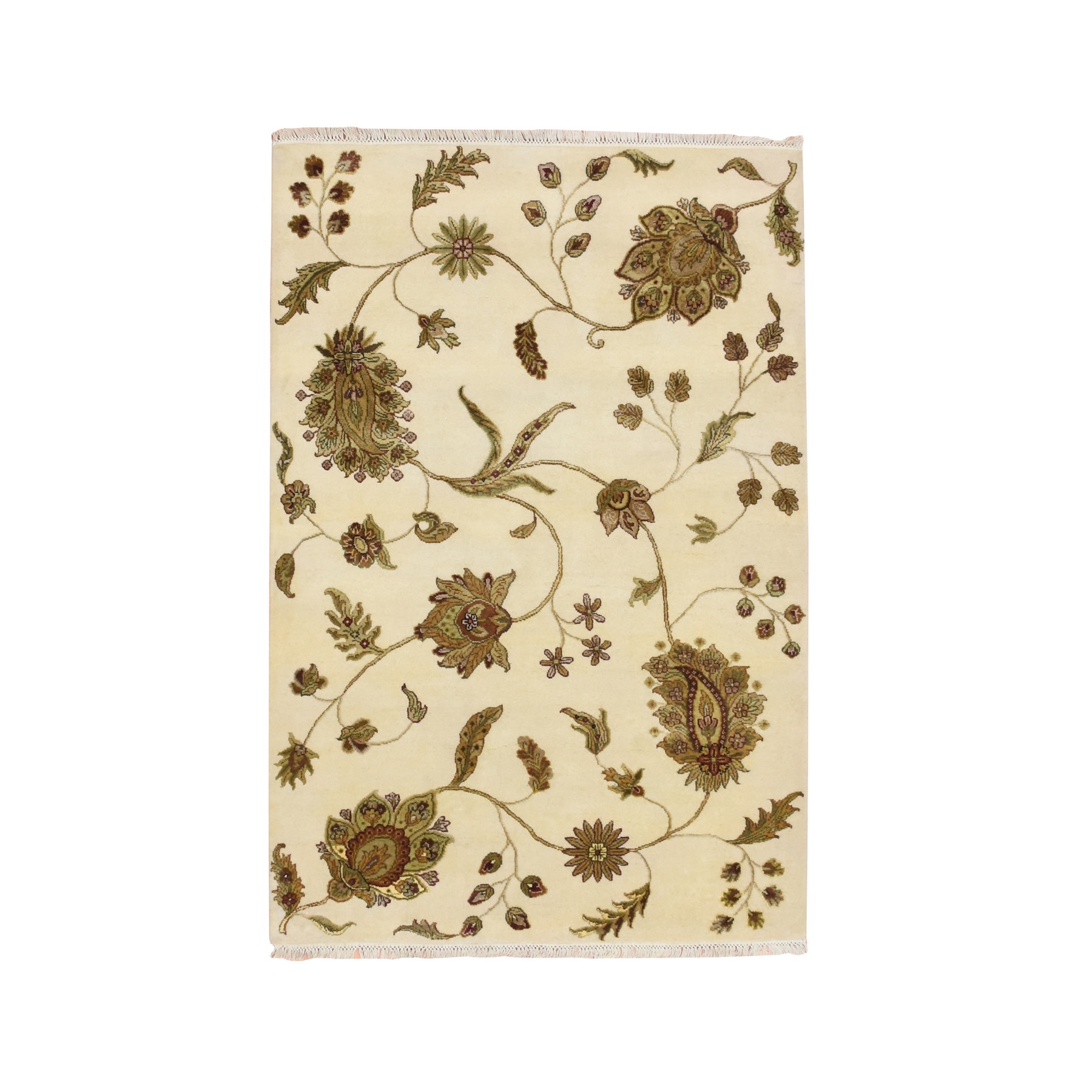 Swan White, Half Wool and Half Silk, Borderless Botanical Design, Densely Woven, Soft Pile, Hand Knotted, Oriental Rug